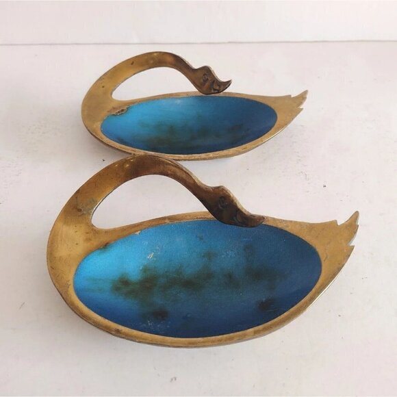Vintage Set Of Brass And Blue Enamel Swan Goose Trinket Dish Catchall Israel - Picture 1 of 10